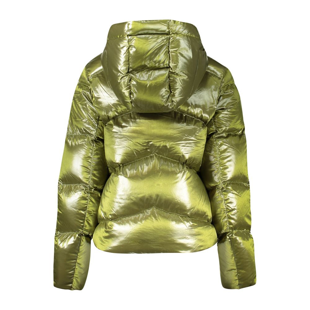 Back view of K-WAY Green Polyamide Women Jacket with hood and shiny finish, showcasing stylish and durable outerwear.