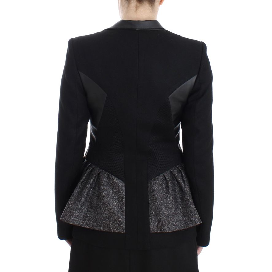 Back view of KAALE SUKTAE Black Short Blazer Coat Biker Jacket with elegant details, featuring a zip closure and logo detailing.