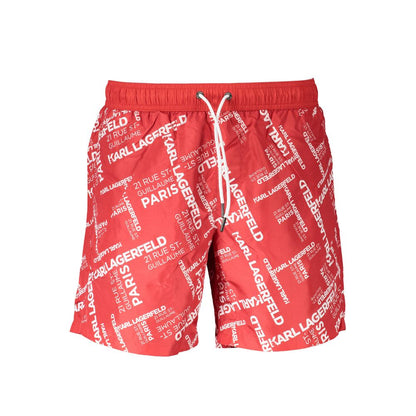 Karl Lagerfeld Red Polyester Swimwear medium boxer with logo, adjustable laces, two side pockets, and one back pocket.