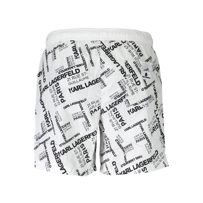 Karl Lagerfeld White Polyester Swimwear with logo pattern, medium swim boxer, side pockets, back pocket, and drawstring laces.