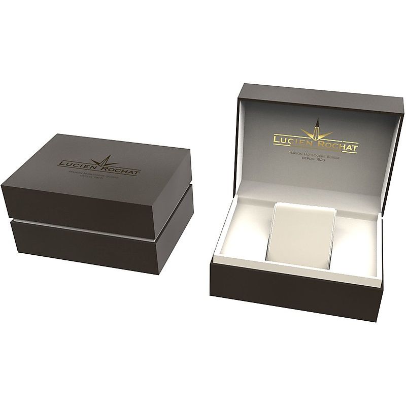 Luxury packaging for LUCIEN ROCHAT MOD. R0453115001 wristwatch, showcasing elegant design for gent's quartz timepiece.