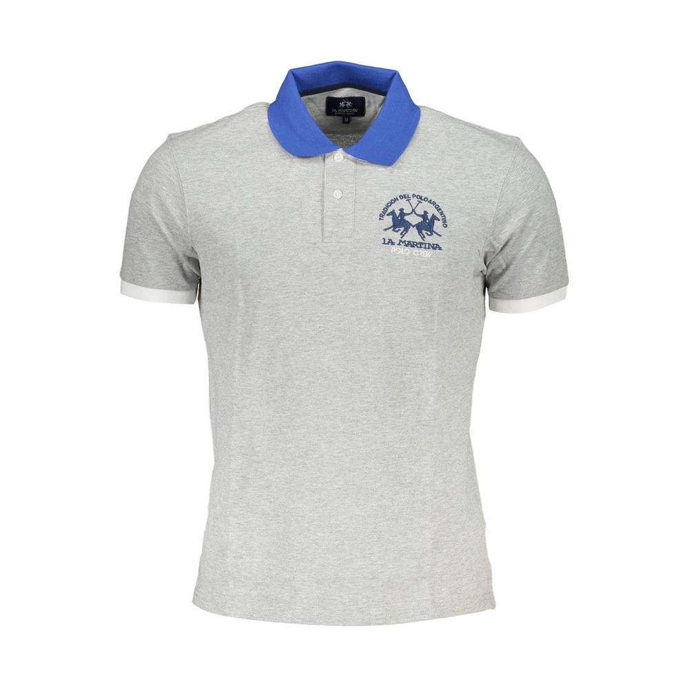 La Martina Brown Cotton Men Polo Shirt with blue collar, classic fit, and logo embroidery