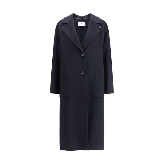 Lardini Black Cashmere Coat with wide classic lapel, front button closure, and patch pockets for a sophisticated, modern look.