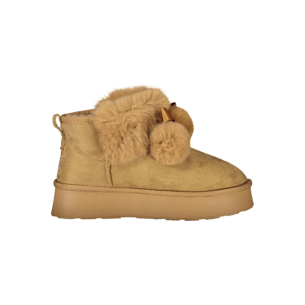 Laura Biagiotti Brown Polyester Women Boot with fur detail and logo, stylish winter footwear with unique textures and contrasting elements.