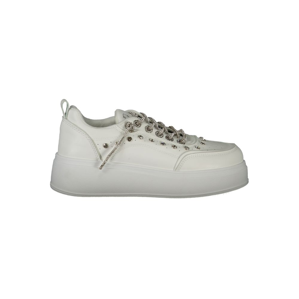 Laura Biagiotti White Polyethylene Women Sneaker with rhinestone details and 4 cm sole showcasing bold sophistication.