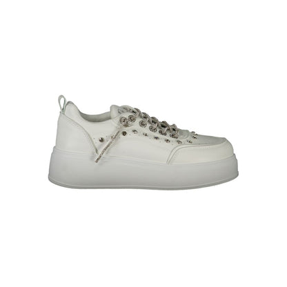 Laura Biagiotti White Polyethylene Women Sneaker with rhinestone details and 4 cm sole showcasing bold sophistication.