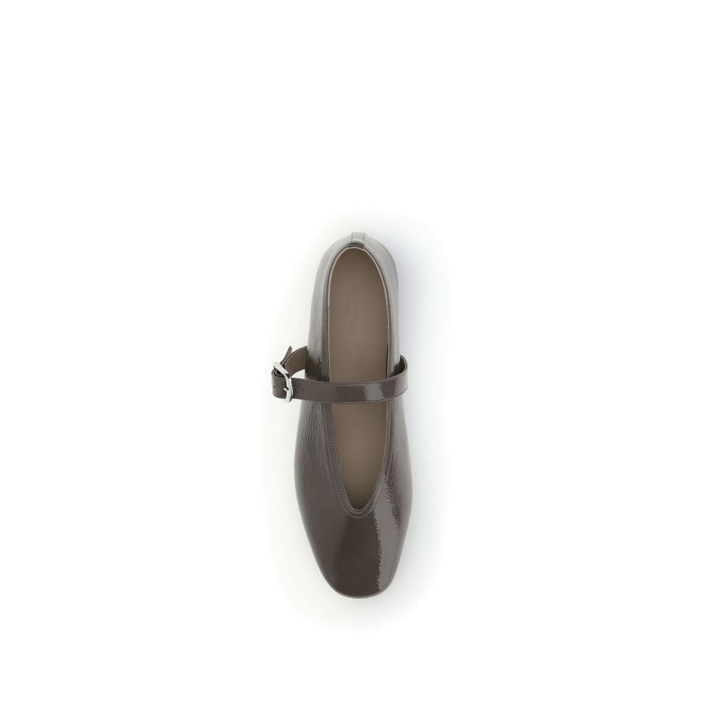 Top view of Le Monde Béryl Brown Calf Leather Bos Taurus Ballet Flats with adjustable strap and elegant design.