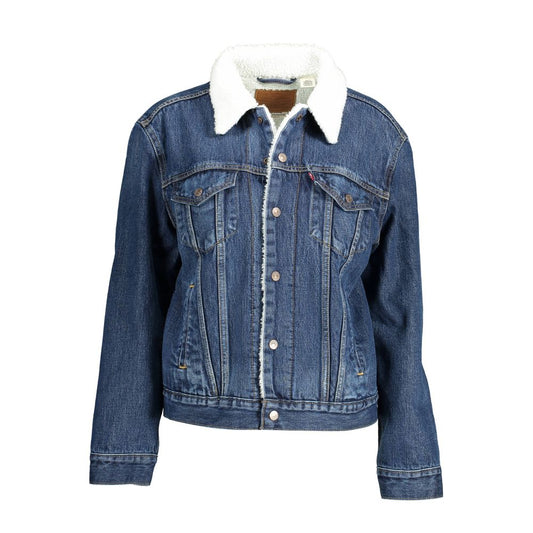 Levi's Blue Cotton Women Jacket with fur trim, button closure, and pockets. Iconic denim style for fashion-forward women.