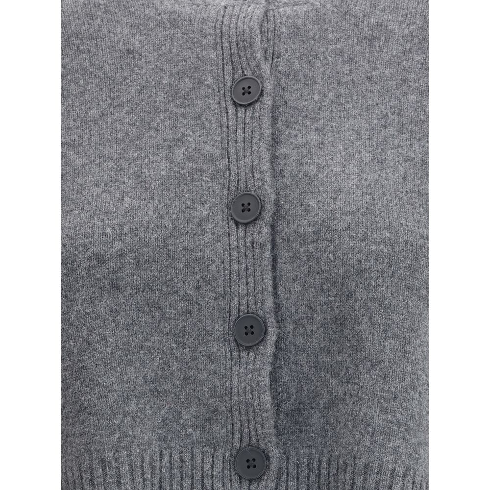 Close-up of Loulou De Saison Gray Cashmere Cardigan with button closure and ribbed detailing, perfect for casual and polished looks.