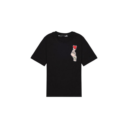 Love Moschino Black Cotton T-Shirt with red heart print on chest, stylish women's apparel, 100% cotton, short-sleeved, comfort fit