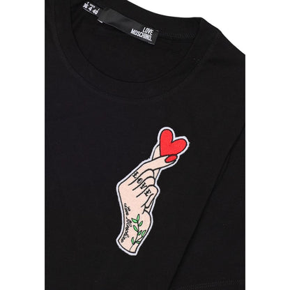 Love Moschino Black Cotton T-Shirt with hand and heart embroidery design