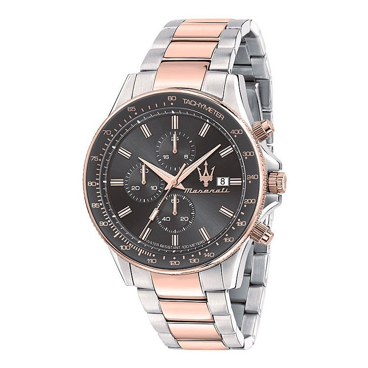 MASERATI Mod. SFIDA gent's wristwatch with chronograph, 44mm stainless steel case, quartz movement, two-tone strap, official packaging.