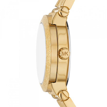 Side view of MICHAEL KORS Mod. BILLIE gold watch showing brand logo.