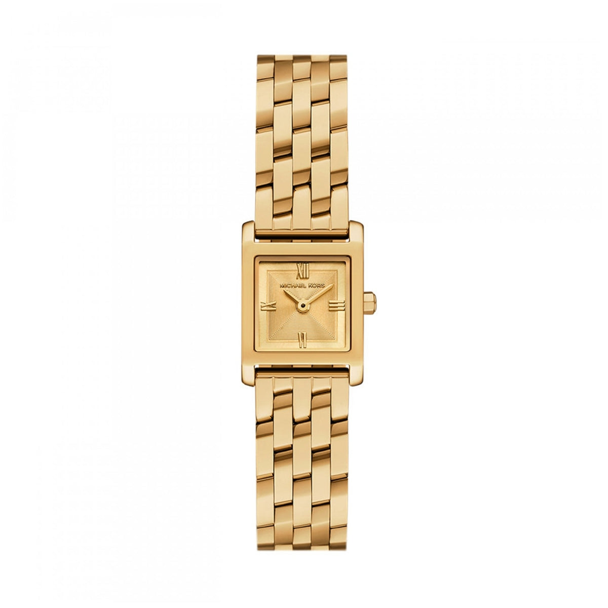 Elegant gold watch model by Michael Kors with a square face and linked bracelet, showcasing the MICHAEL KORS Mod. GEORGIE design.