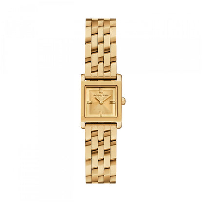 Elegant gold watch model by Michael Kors with a square face and linked bracelet, showcasing the MICHAEL KORS Mod. GEORGIE design.
