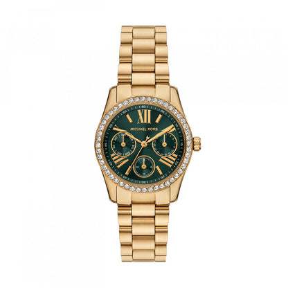 Gold watch featuring MICHAEL KORS Mod. LEXINGTON with emerald-green dial and diamond accents.