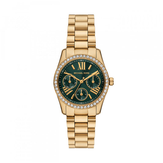 Gold watch featuring MICHAEL KORS Mod. LEXINGTON with emerald-green dial and diamond accents.