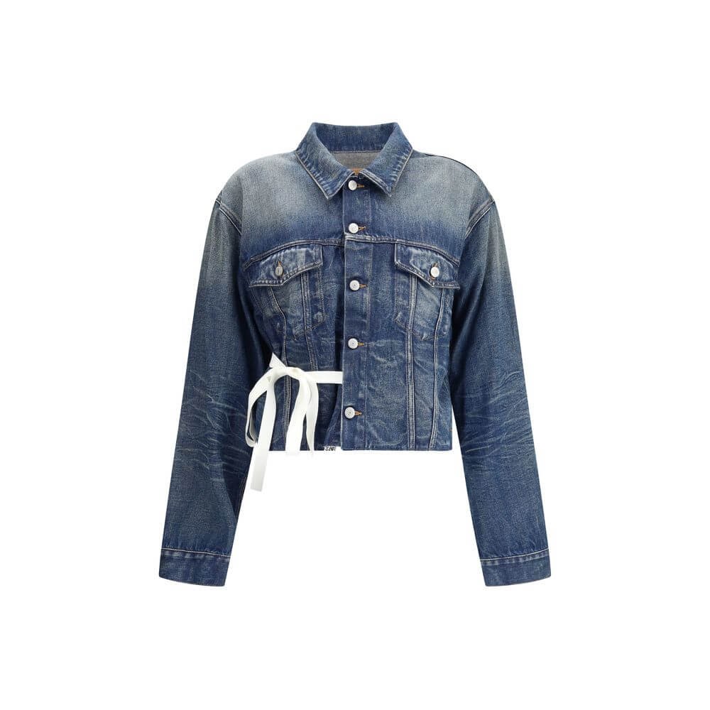 MM6 Blue Cotton Denim Jacket with classic collar, front button closure, flap pockets, raw-cut hem, and knotted ribbon detail by Maison Margiela.