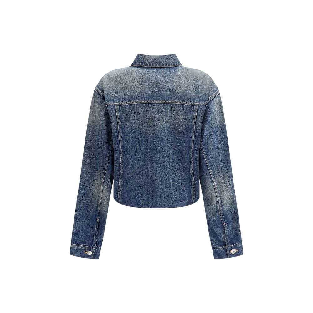 Back view of MM6 Blue Cotton Denim Jacket featuring raw-cut hem and unique design details for contemporary style AW25 collection.