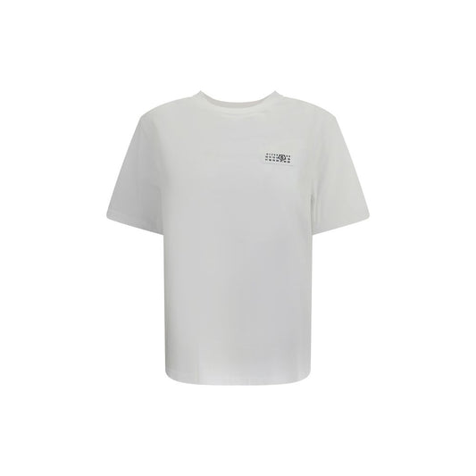 MM6 White Cotton T-Shirt with ribbed crew neck and front logo, showcasing personality and contemporary style for AW25. Regular fit, 100% cotton.