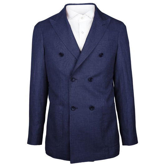 Made in Italy Blue Linen Blazer with peaked lapels and double-breasted design, crafted from Loro Piana fabric. Elegant and versatile fashion.
