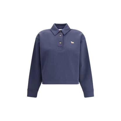 Maison Kitsuné Blue Cotton Sweatshirt with embroidered fox, polo collar, and ribbed cuffs, featuring sporty style and elegant details for AW25.