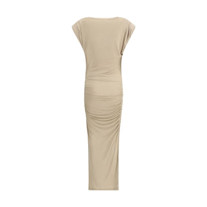 Back view of Marant Etoile Beige Modal Casual Dress with draped midi silhouette and cap sleeves.