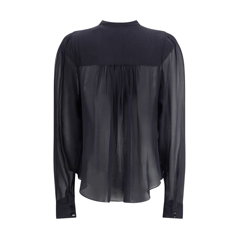 Back view of Marant Etoile Noeline Shirt with semi-transparent fabric and elasticated ruffle details.