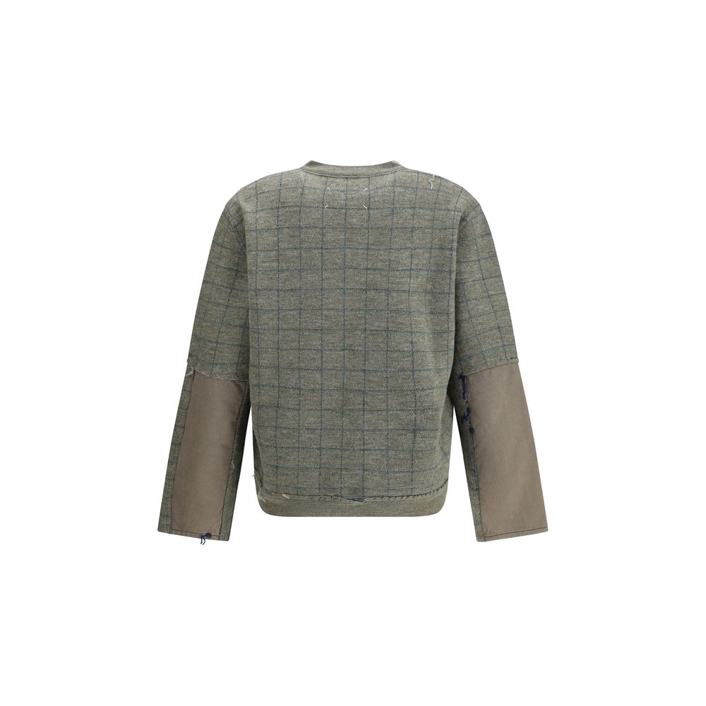 Back view of Margiela Green Fleece Wool Sweatshirt with grid pattern and V-neckline, ideal for winter wear and contemporary styling.