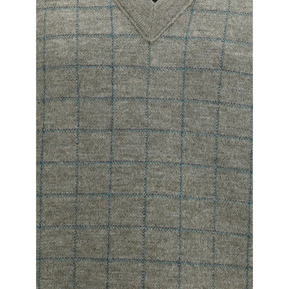 Margiela Green Fleece Wool Sweatshirt with grid pattern and V-neckline, essential winter wear from Maison Margiela, composed of 100% fleece wool.