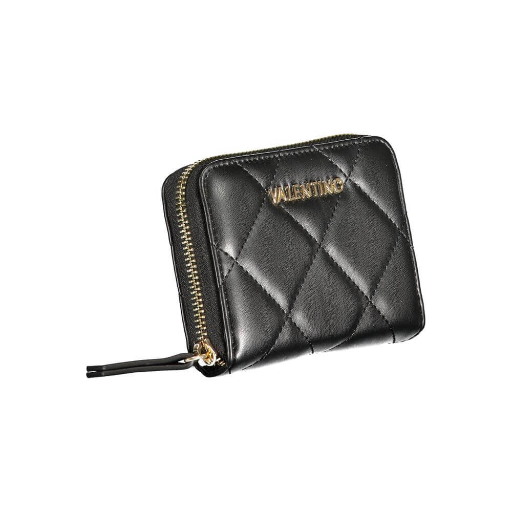 Mario Valentino Black Polyethylene Wallet with 6 compartments and zip closure, showcasing diamond quilting and logo detailing.