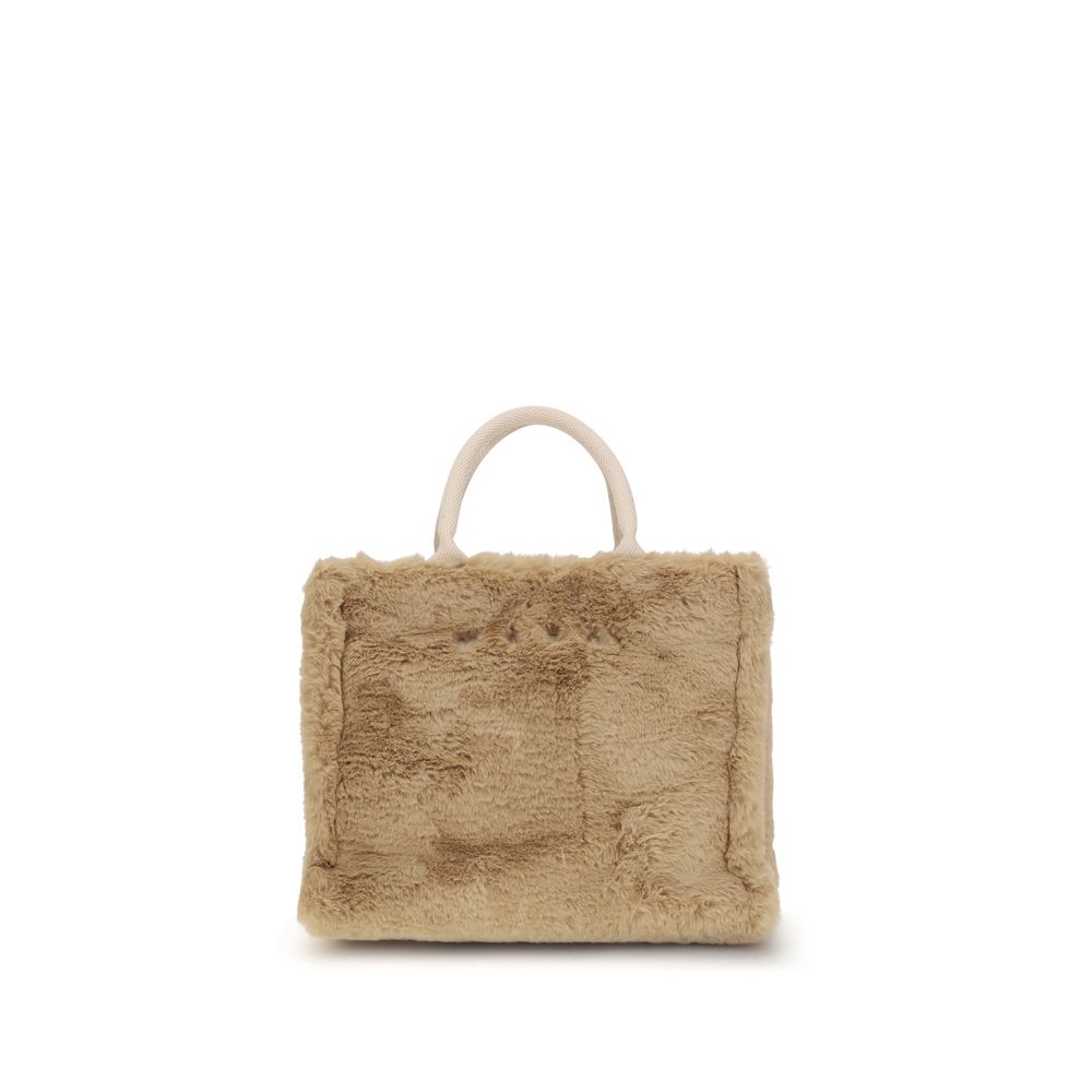 Marni Beige Polyester Handbag with fur lining, front view showing handles and contrasting logo