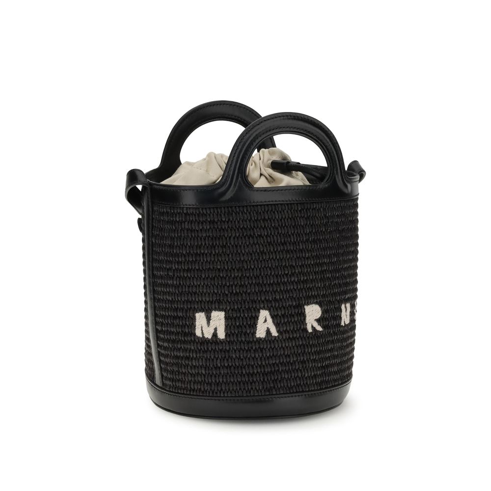 Marni Black Cotton Backet Bag with raffia design, leather trim, and top handles.