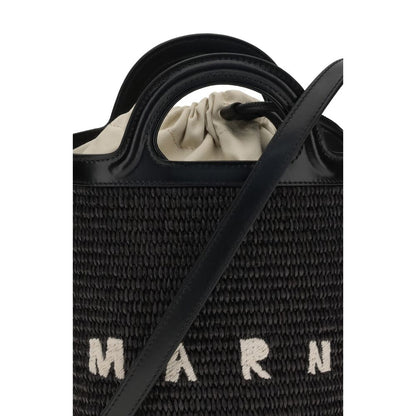 Marni Black Cotton Backet Bag - Sophisticated style with leather trim, double leather handle, and adjustable shoulder strap.