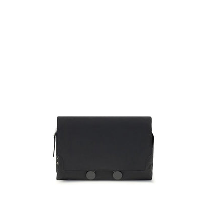 Marni Black Polyamide Clutch Bag with satin metal magnetic closure and engraved Marni lettering, featuring urban design for everyday use.