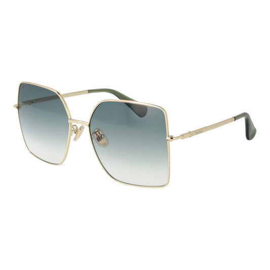 Max Mara Gold Metal Sunglasses for women with gradient green lenses and butterfly full-rim frame, UVA & UVB protection, includes branded case.