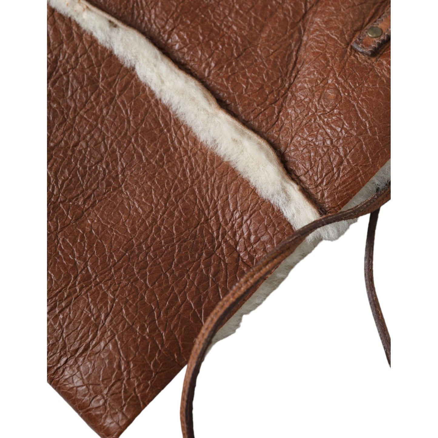 Close-up of Miu Miu Brown Leather Fur Inner Lining Neck Strap WinterFleece Handwarmer showing soft fur lining and leather texture.