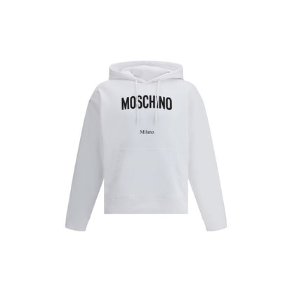 Alt Tag: Moschino White Cotton Sweatshirt with black monogram, hood, and pouch pocket.