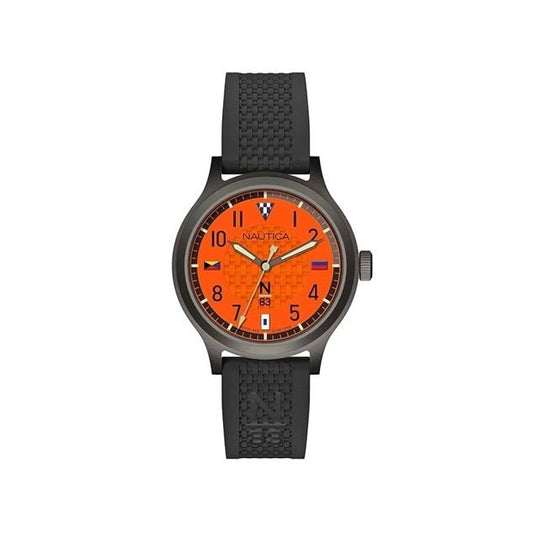 NAUTICA Mod. NAPCFS915 orange dial quartz analog wristwatch for men with mineral glass and 43mm case, water resistant up to 5 ATM.