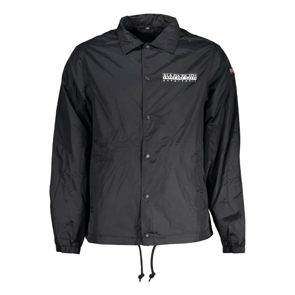 Napapijri Black Polyester Men Jacket with logo, sleek waterproof design, long sleeves, and two practical pockets for outdoor style.