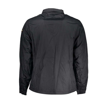 Back view of Napapijri Black Polyester Men Jacket showcasing its long sleeves and sleek design.