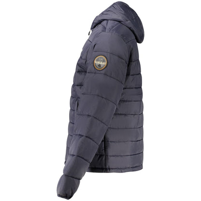 Side view of Napapijri Blue Polyamide Men's Jacket with hood and logo patch.
