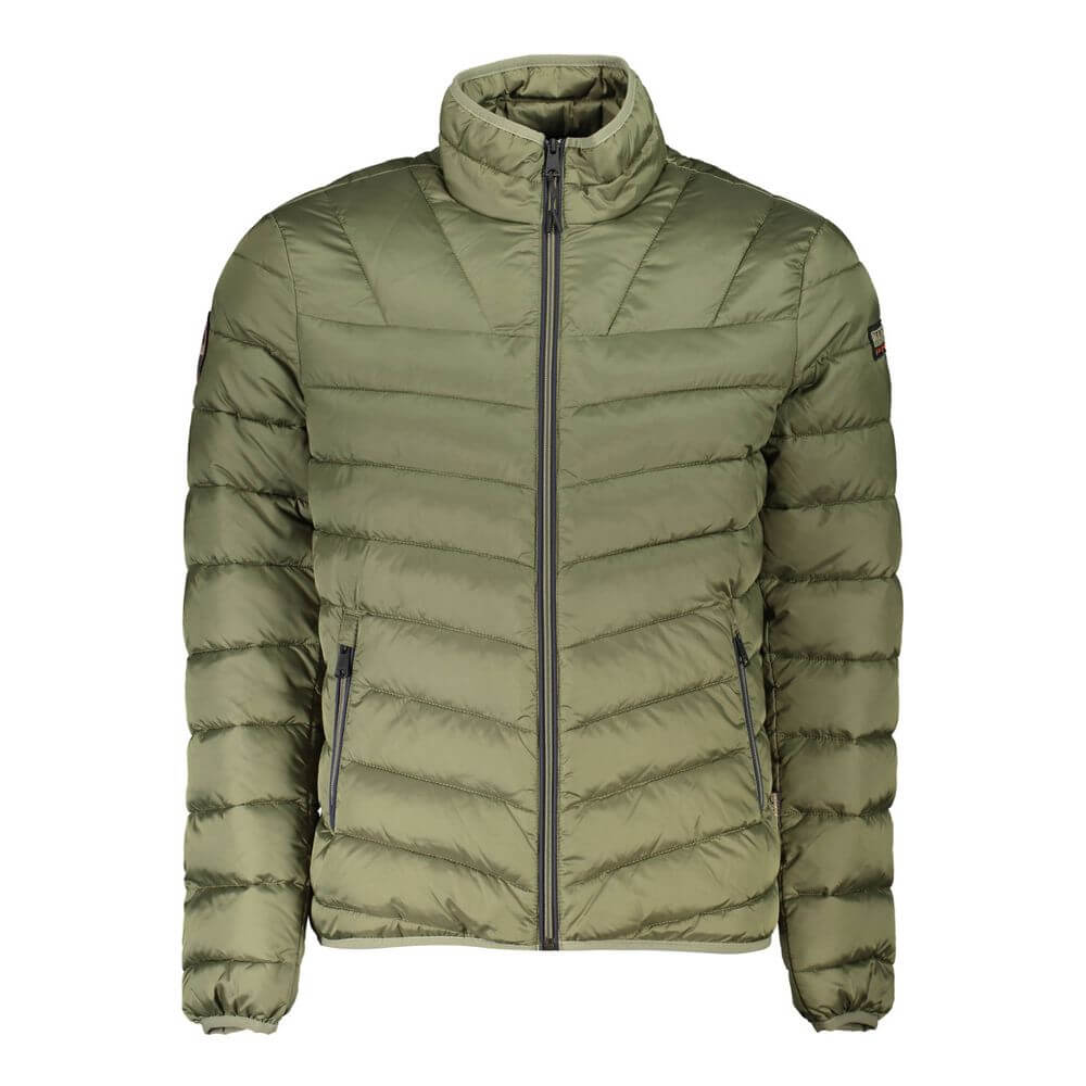 Napapijri Green Polyamide Men Jacket with zip closure and pockets, featuring iconic logo, perfect for modern explorers.