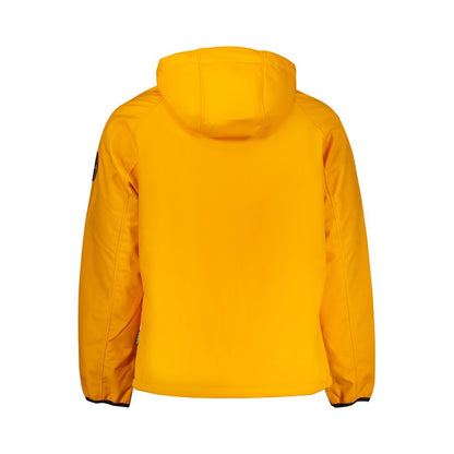 Napapijri Orange Recycled Polyester Men Jacket with hood, back view showcasing bold design and iconic logo. Sustainable outerwear fashion.
