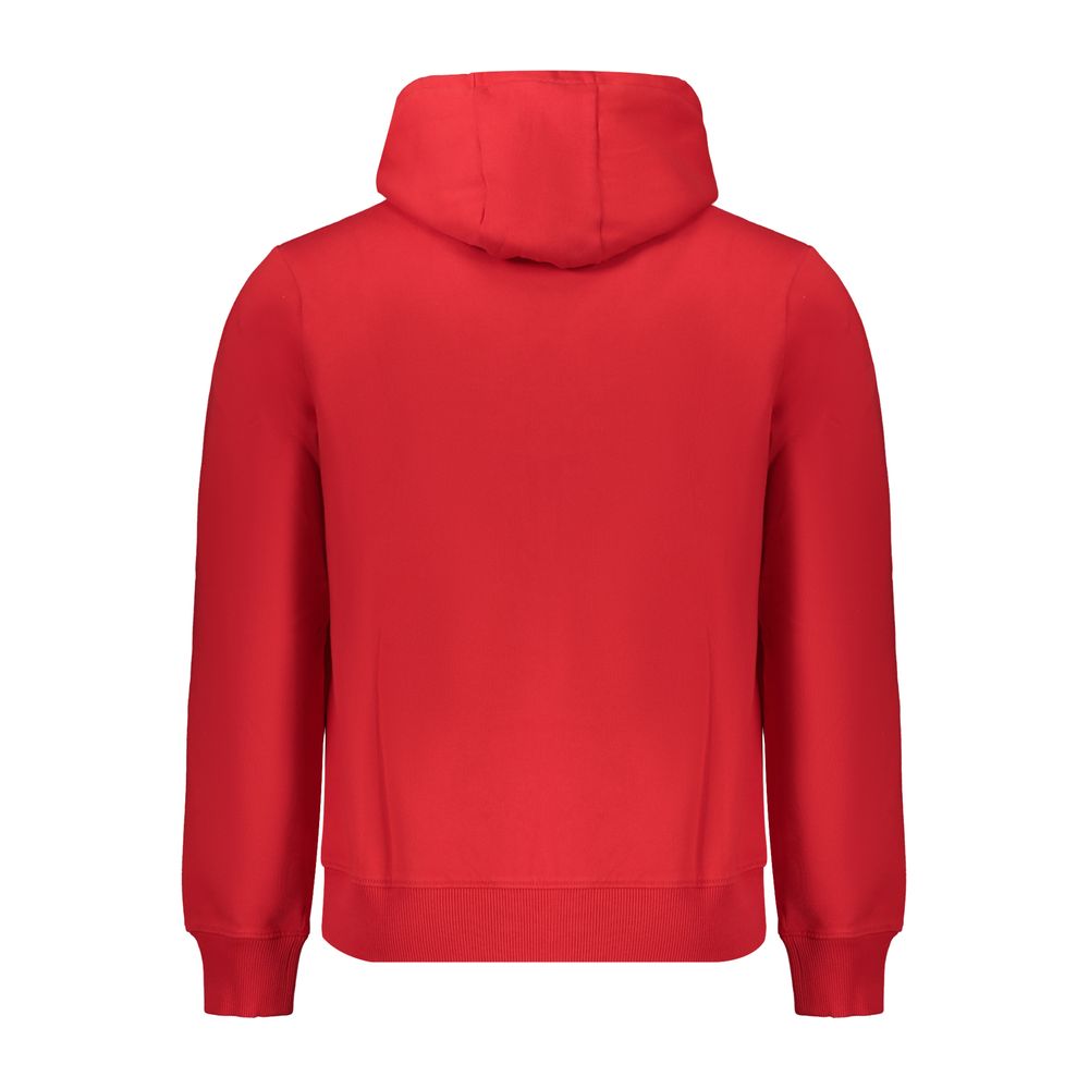 Back view of Napapijri Red Cotton Men Sweater showcasing hood and regular fit design.