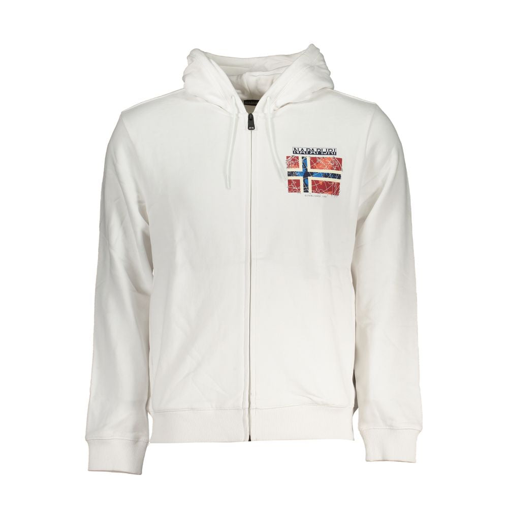 Napapijri White Cotton Men Sweater with hood and zip closure featuring logo and flag accent.