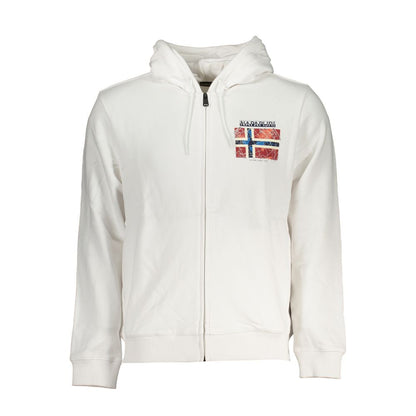 Napapijri White Cotton Men Sweater with hood and zip closure featuring logo and flag accent.