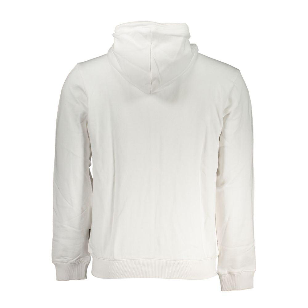 Back view of Napapijri White Cotton Men Sweater with hood, showcasing its elegant design and pristine white fabric.