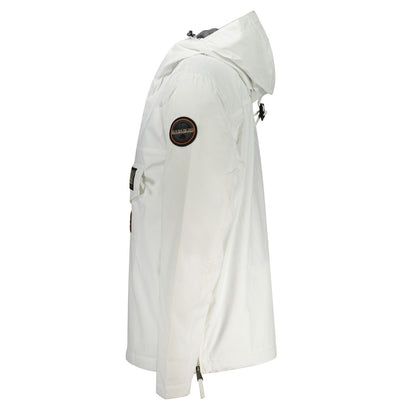 Napapijri White Polyamide Men Jacket with hood and side zip, eco-friendly design, displayed in side view with badge detail.