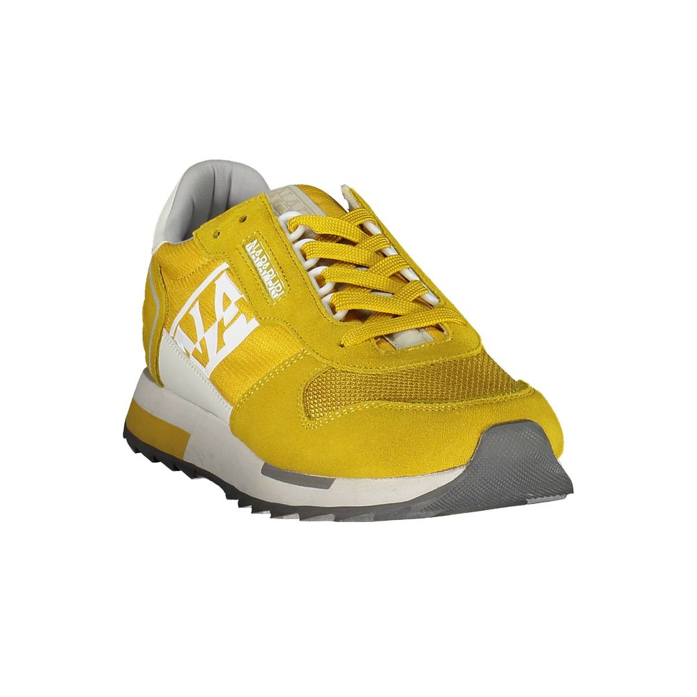 Napapijri Yellow Leather Men Sneaker with contrasting accents and logo, perfect for bold style and personalization with extra laces included.